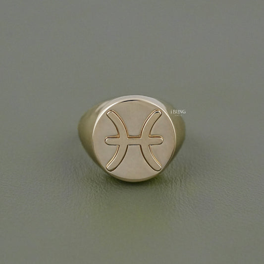 Yellow Gold Pisces Zodiac Unisex Signet Ring
