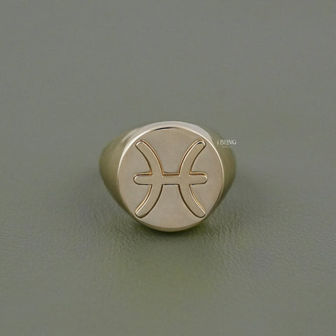 Yellow Gold Pisces Zodiac Unisex Signet Ring