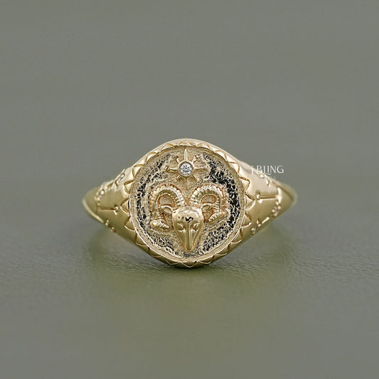 Aries Zodiac Diamond Signet Ring
