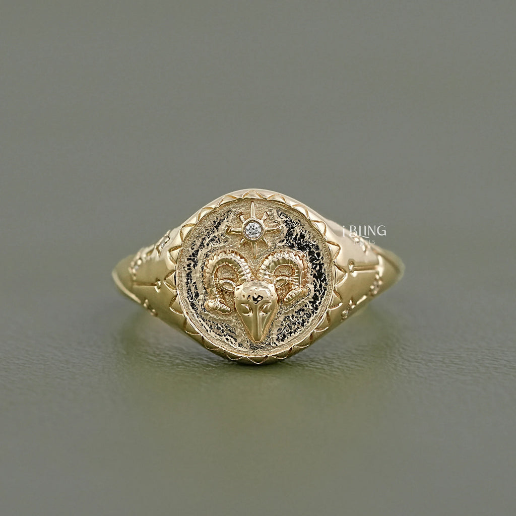 Aries Zodiac Diamond Signet Ring