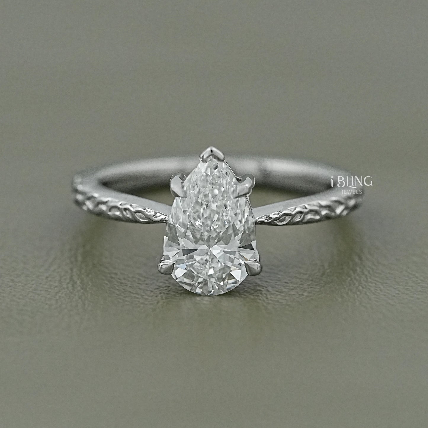 Pear Cut Lab Grown Diamond Ring with Vintage Hand-Engraved Band Solitaire Ring