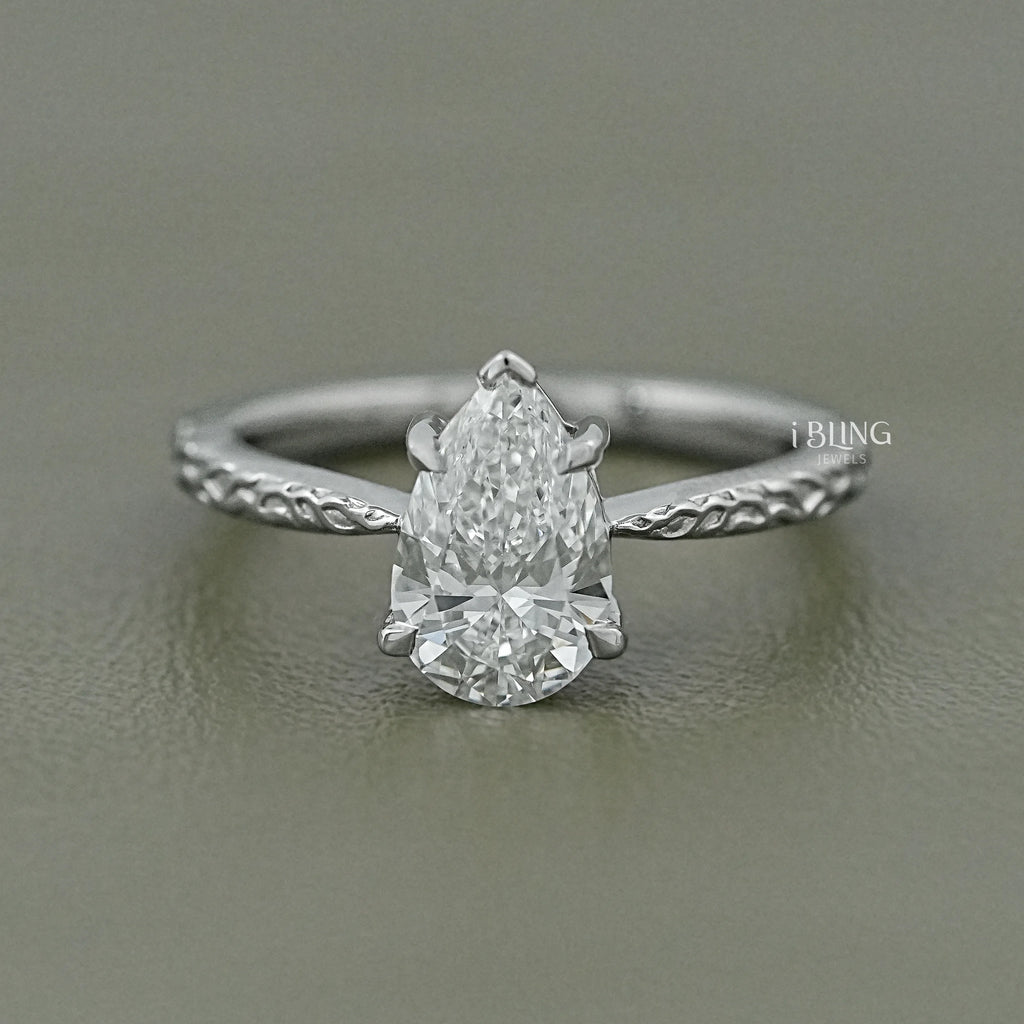 Pear Cut Lab Grown Diamond Ring with Vintage Hand-Engraved Band