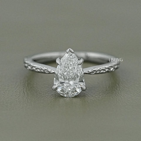 Pear Cut Lab Grown Diamond Ring with Vintage Hand-Engraved Band