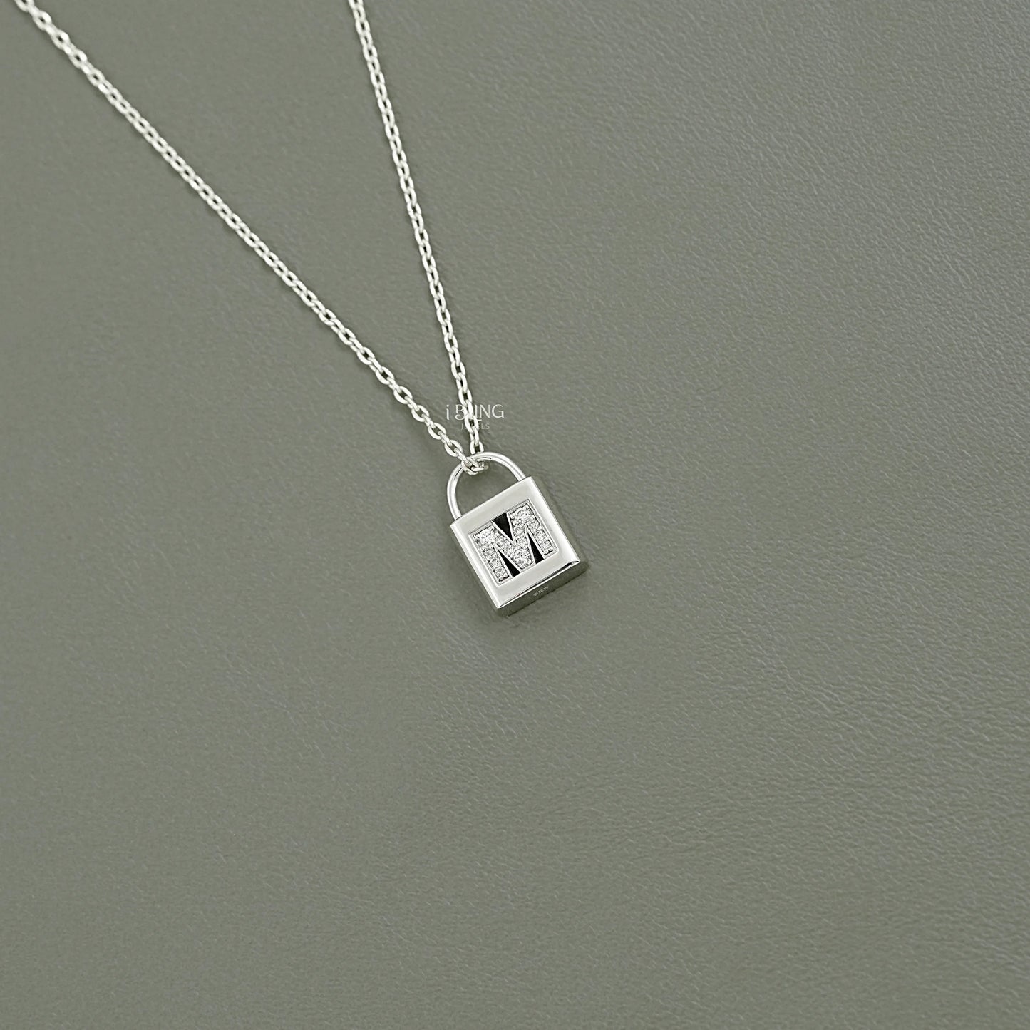 Round Cut Lab Diamond Padlock M Letter Necklace