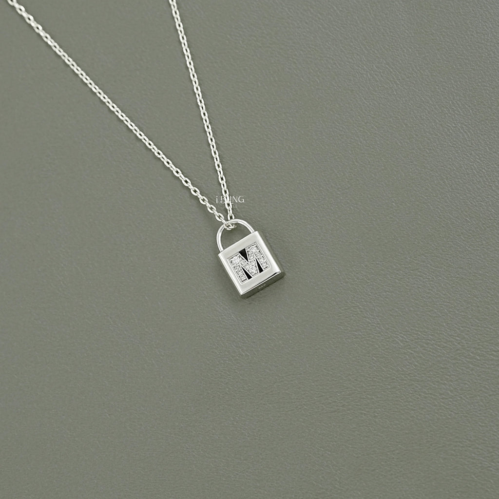 Round Cut Lab Diamond Padlock M Letter Necklace