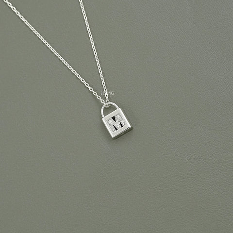 Round Cut Lab Diamond Padlock M Letter Necklace