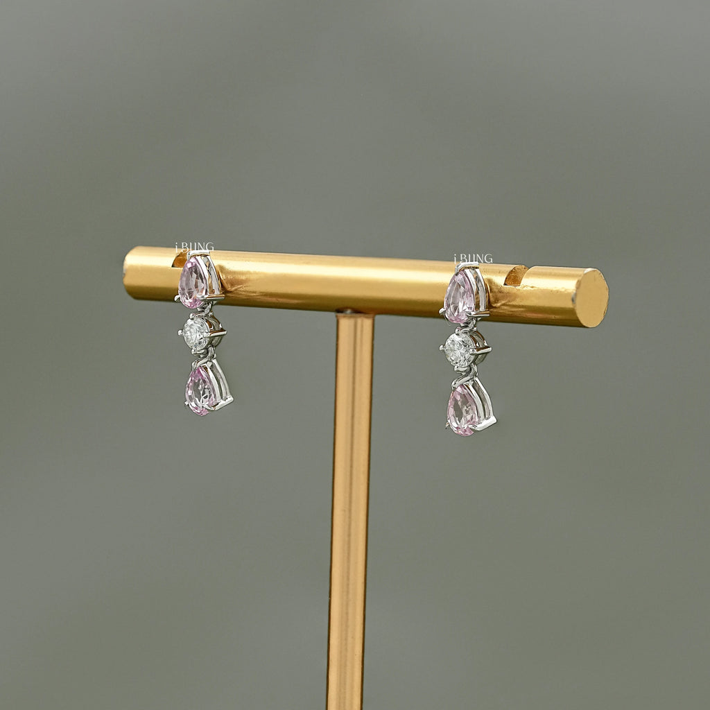Pink Pear Three Stone Dangle Drop Earrings