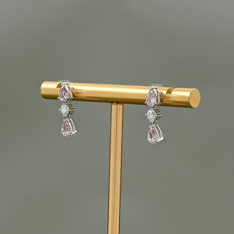 Pink Pear Three Stone Dangle Drop Earrings