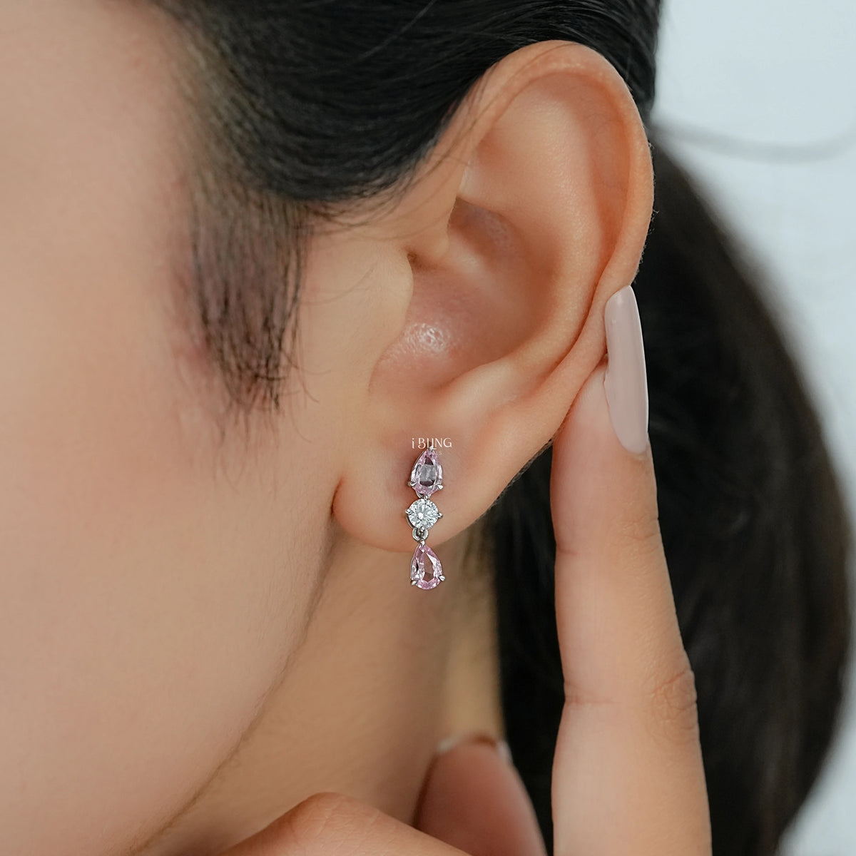 Pink Pear Three Stone Dangle Drop Earrings Earrings