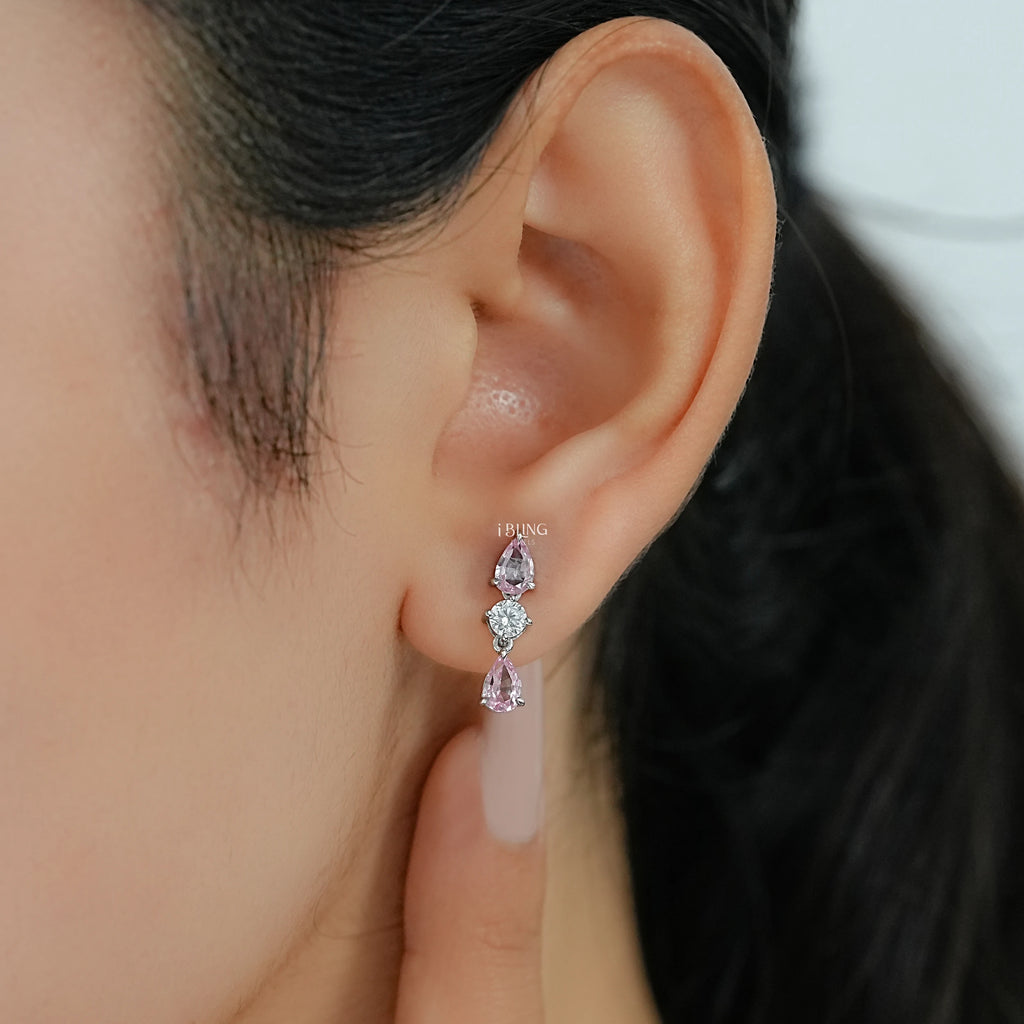 Pink Pear Three Stone Dangle Drop Earrings
