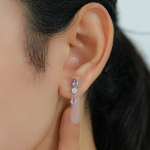 Pink Pear Three Stone Dangle Drop Earrings