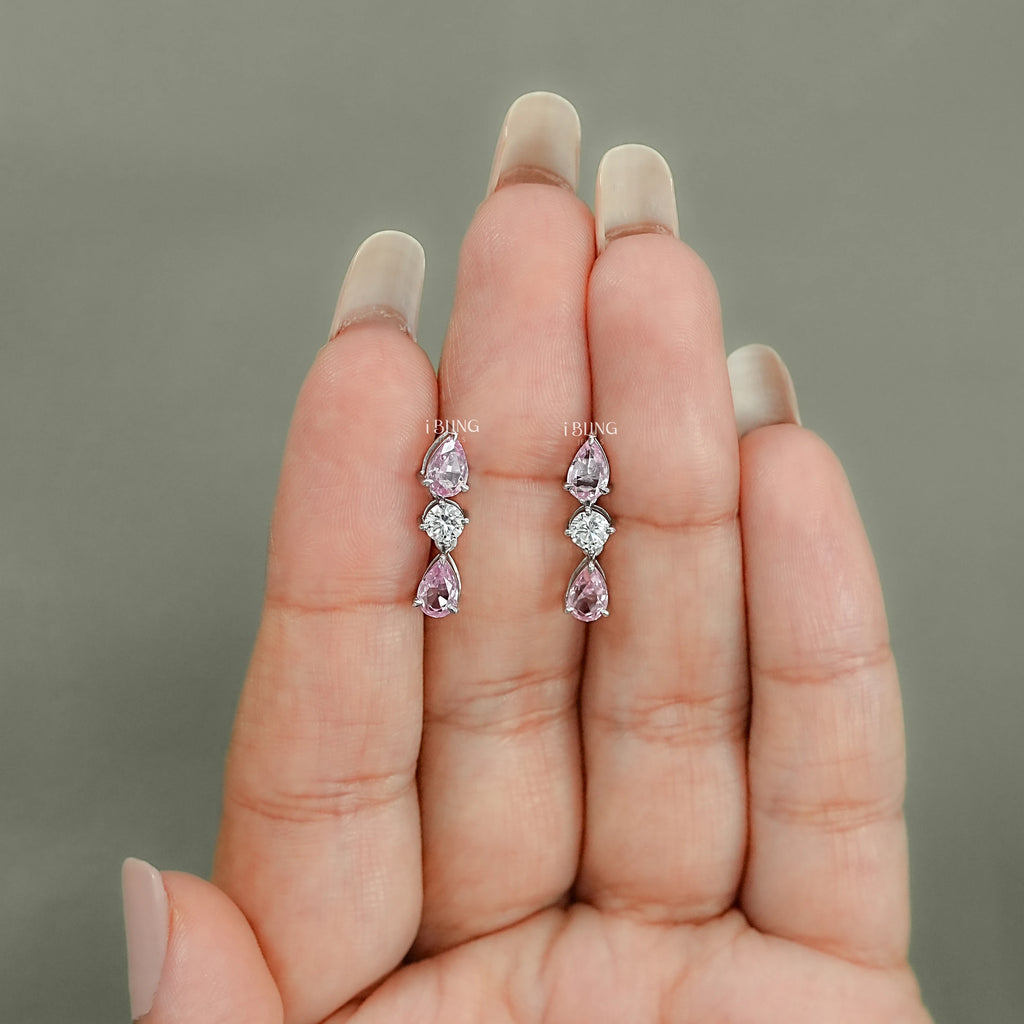Pink Pear Three Stone Dangle Drop Earrings