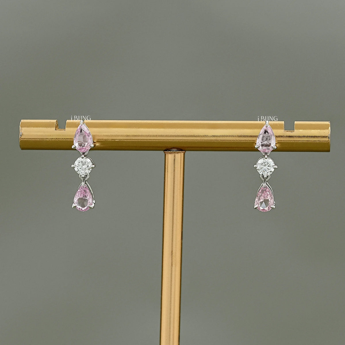 Pink Pear Three Stone Dangle Drop Earrings Earrings