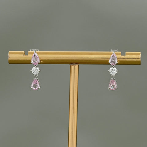 Pink Pear Three Stone Dangle Drop Earrings