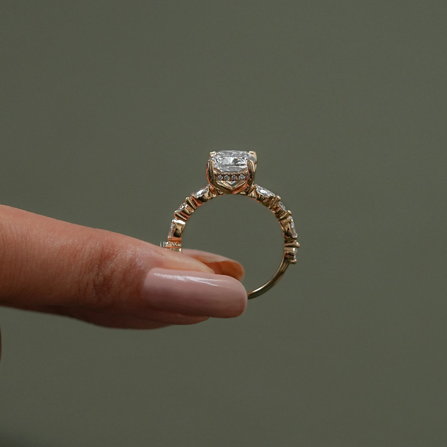 Top view showing Cushion Cut Halo Accent Engagement Ring with lab grown diamond detailing in gold