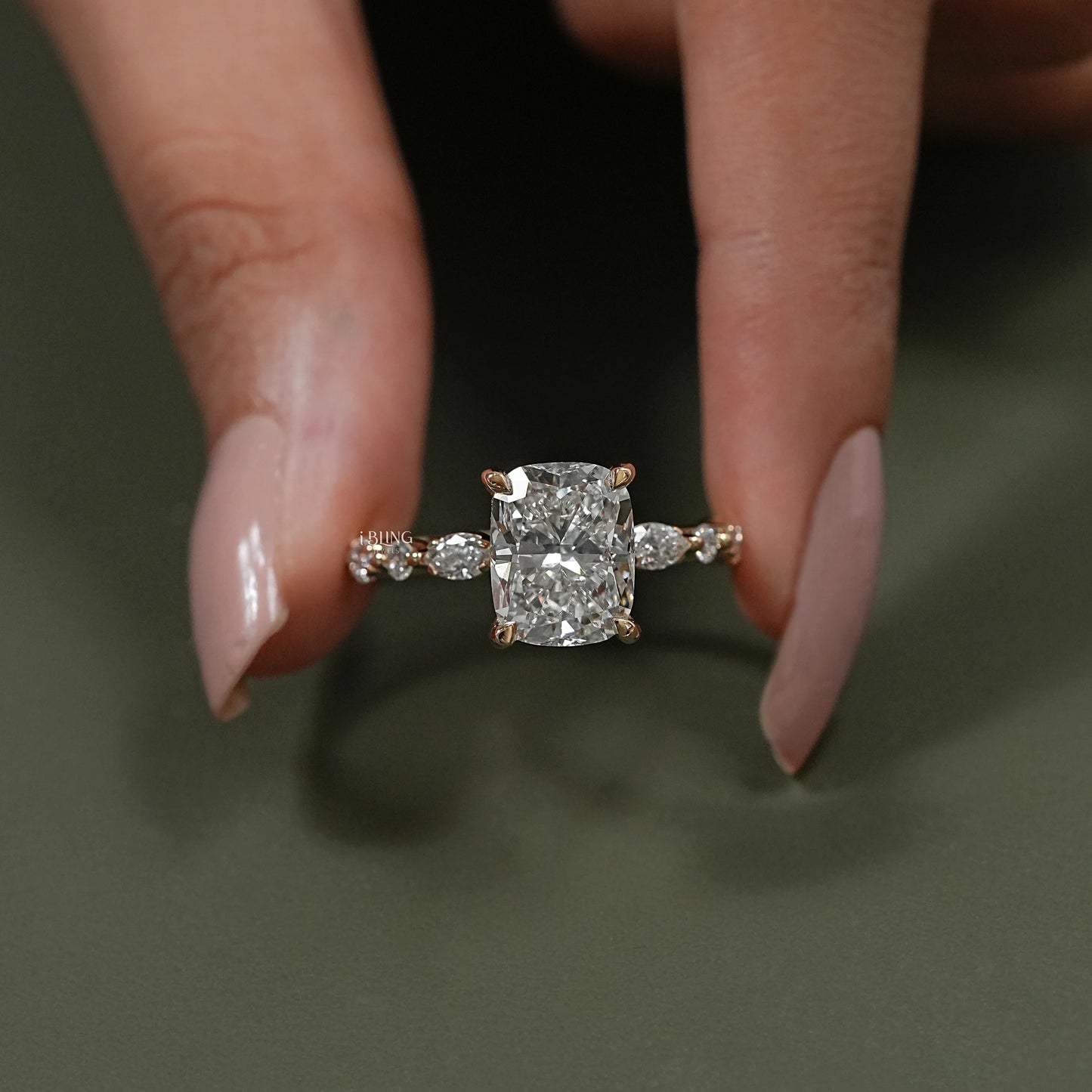 Front view of a Halo Cushion Cut Engagement Ring, modern design with hidden diamond detailing