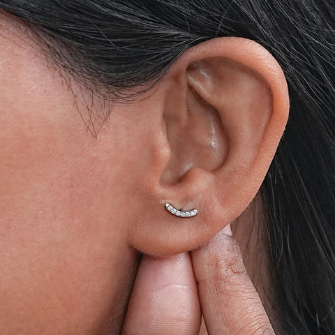 Curved Bar Round Diamond Stud Earrings