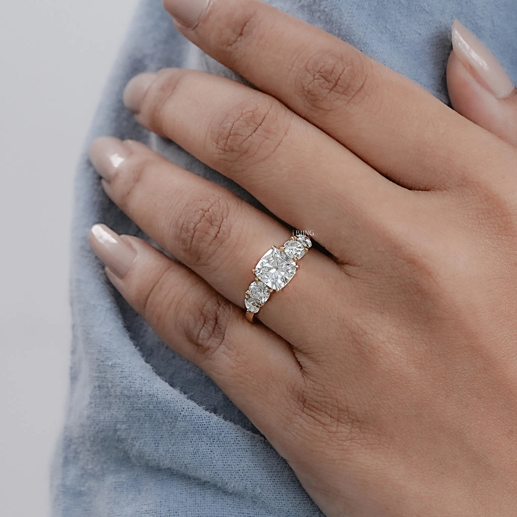 Cushion Cut Five Stone Lab Diamond Engagement Ring