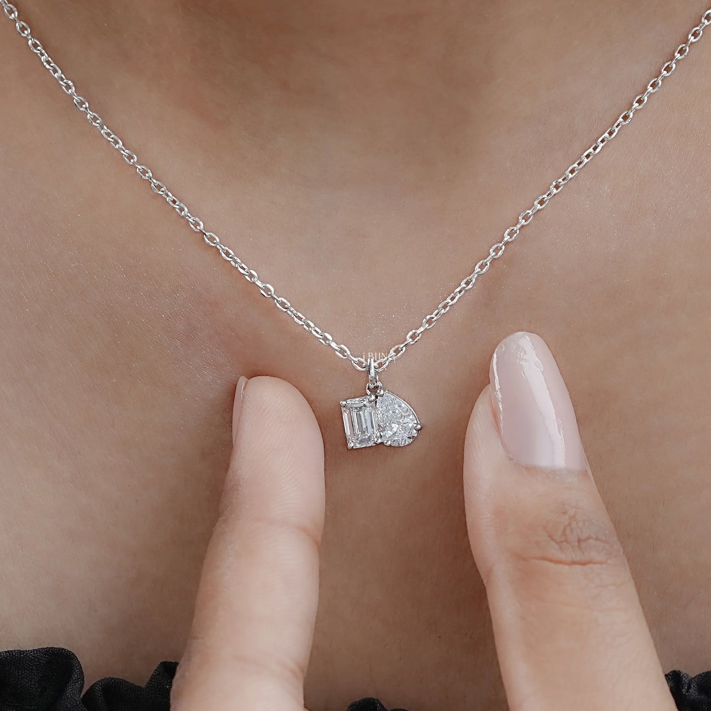 Two Stone Emerald & Pear Lab Diamond Necklace