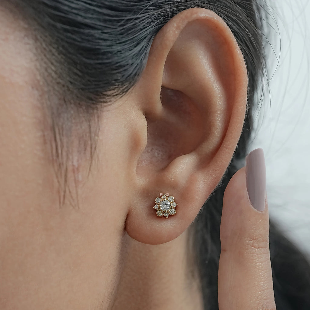 Round Lab Diamond Floral Style Halo Stud Earrings
