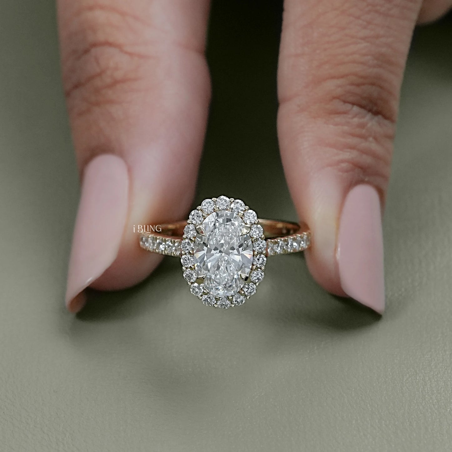 Front view of Oval halo ring with lab diamond center and accent stones, perfect for bridal shoppers