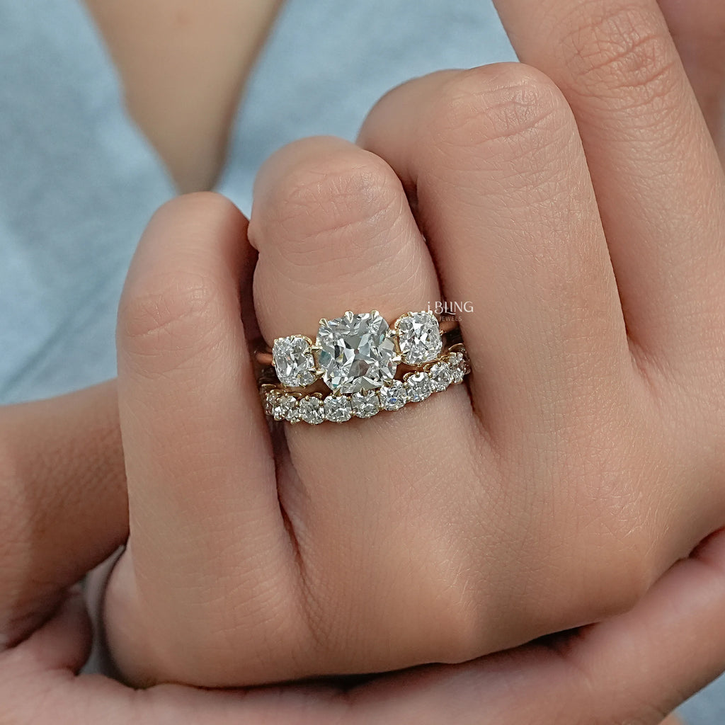 Old Mine Cushion Lab Made Diamond Bridal Ring Set