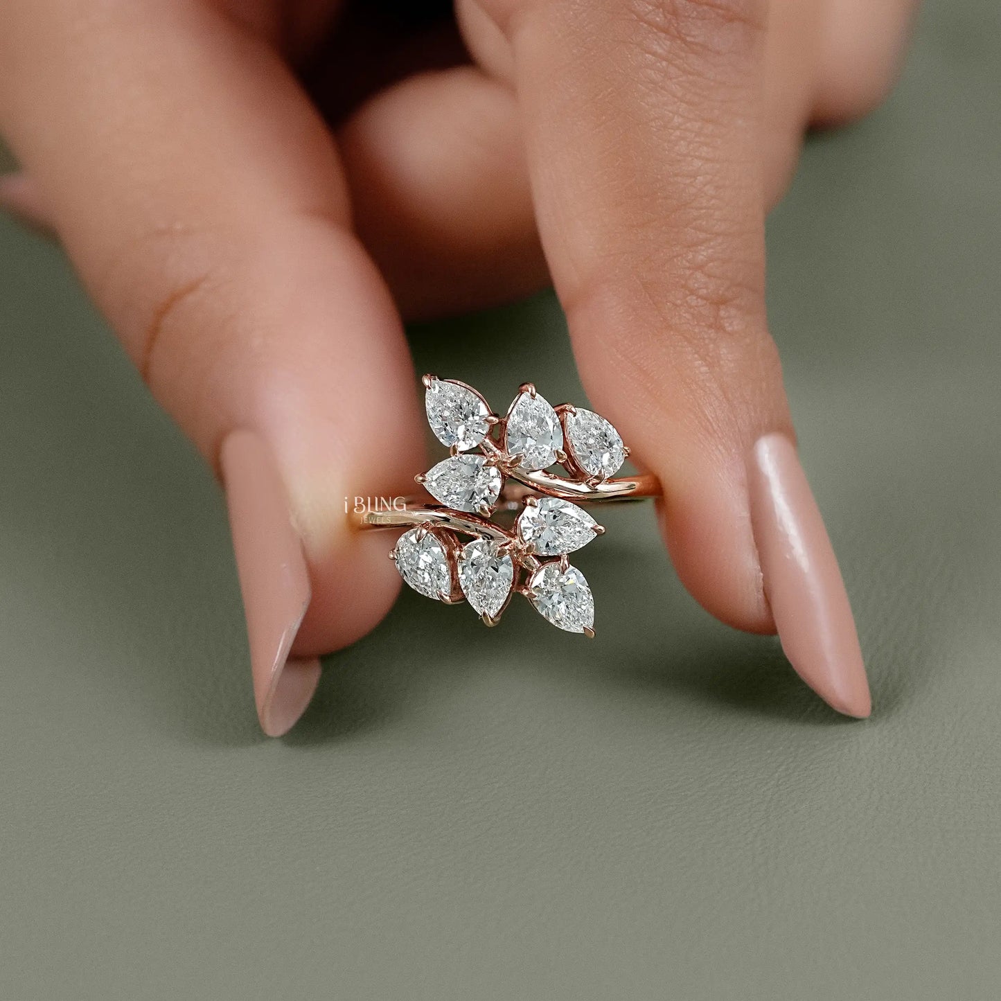 Pear Shaped Lab Diamond Cluster Set Bypass Ring Solitaire Ring
