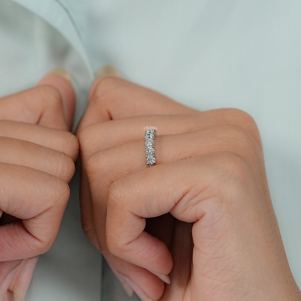 Round Lab Diamond Half Eternity Wedding Band
