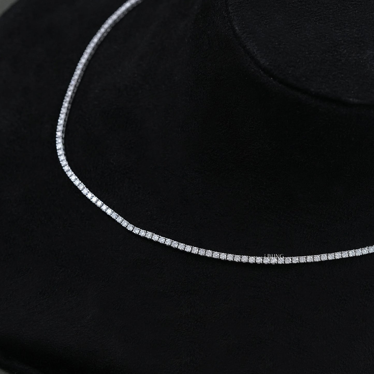 Side view of Lab Grown Diamond Tennis Necklace with Round diamonds, elegant design for bridal jewelry