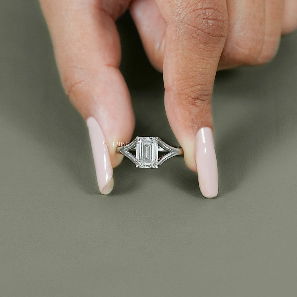 Emerald Cut Lab Diamond Solitaire Split Shank Ring