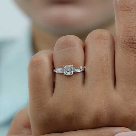 Asscher Cut Lab Diamond Three Stone Engagement Ring