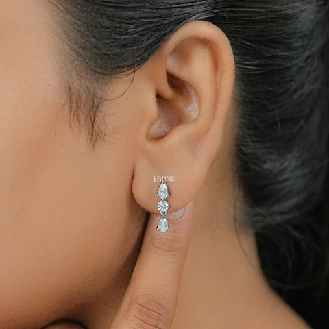 Three Stone Pear Lab Diamond Dangle Drop Earrings