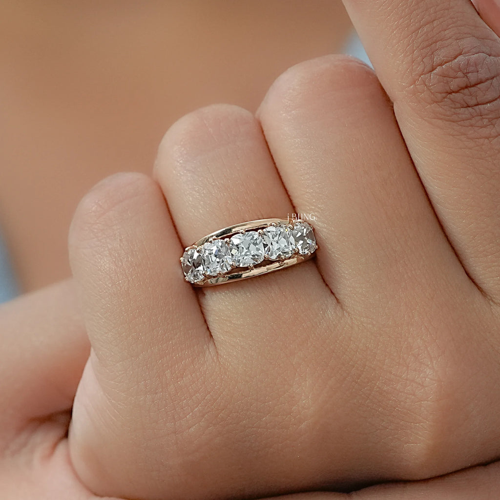 Old Mine Cushion Diamond Split Shank Five Stone Band