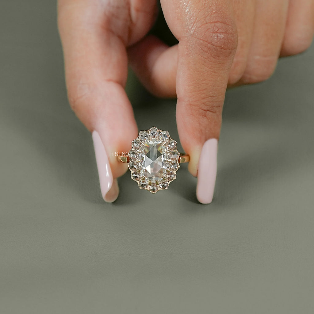 Rose Cut Oval Lab Diamond Halo Ring