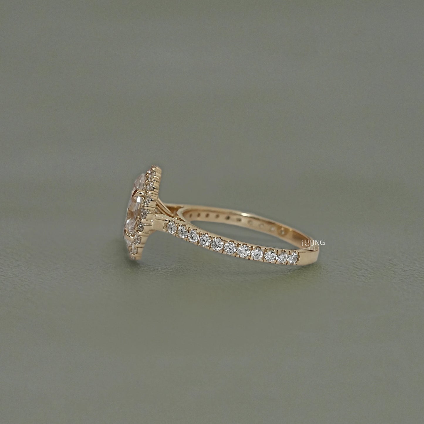 Side angle showing Oval Cut lab diamond halo accent engagement ring crafted for modern bridal jewelry