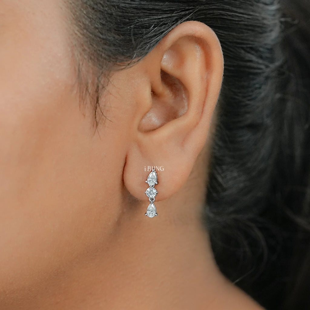 Three Stone Pear Lab Diamond Dangle Drop Earrings