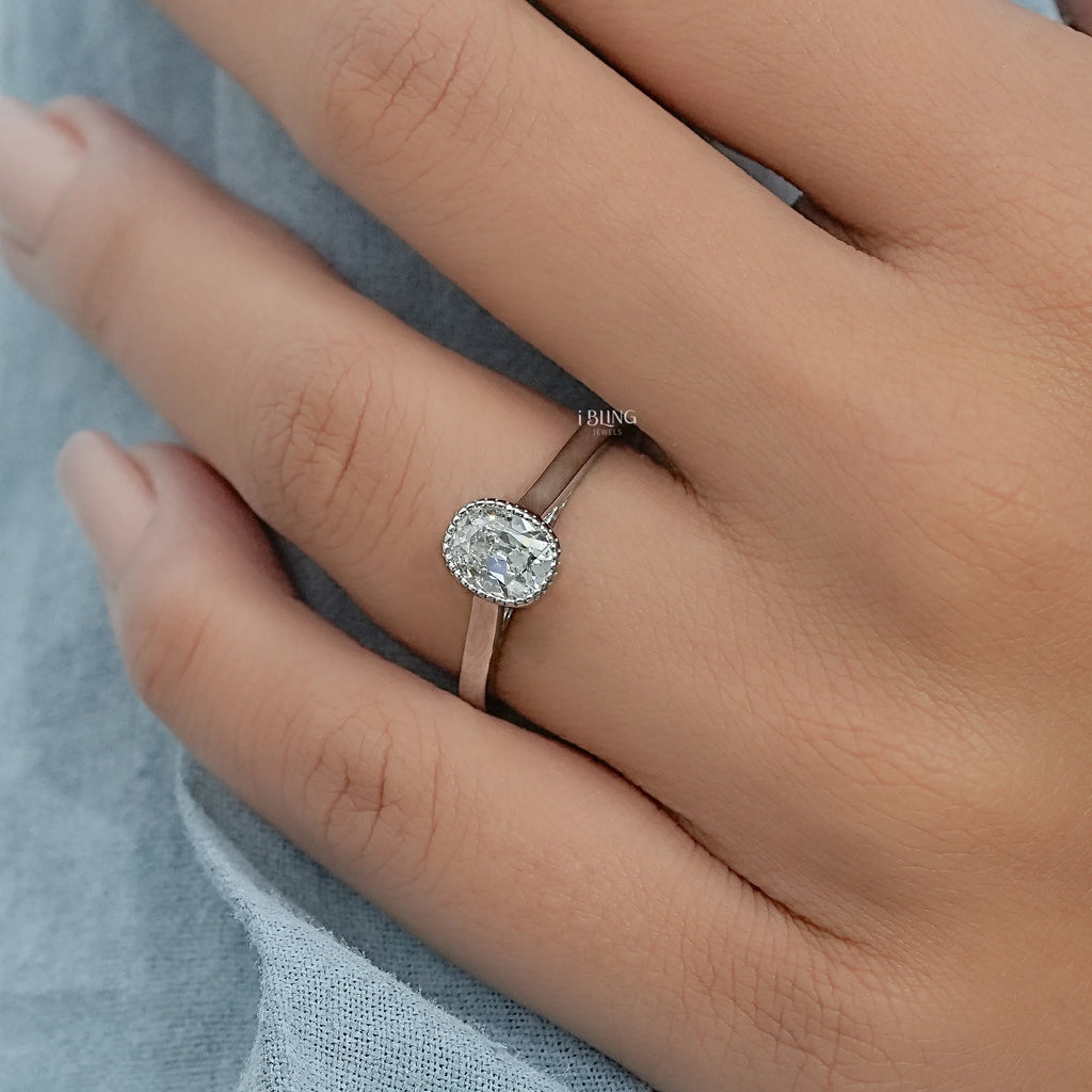 Old Mine Cushion Lab Diamond Solitaire Milgrain Bezel Ring