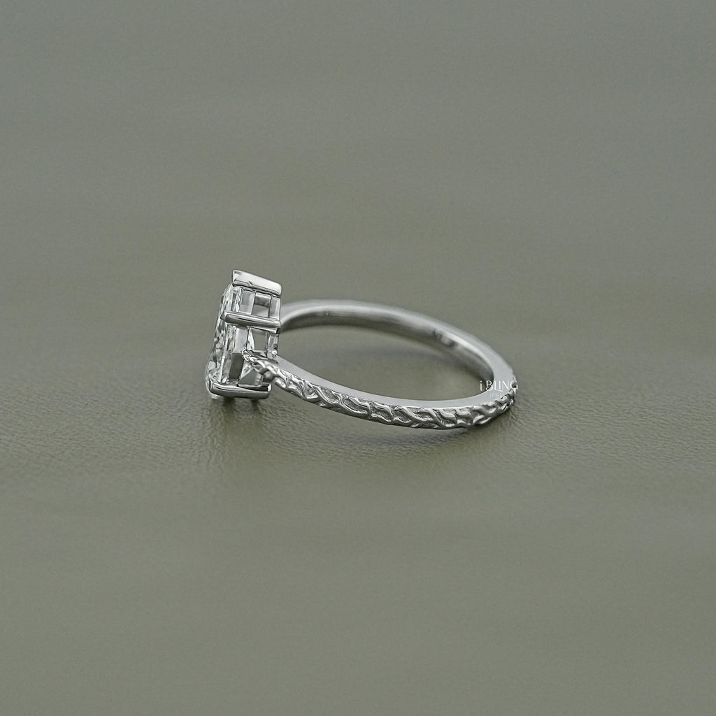 Pear Cut Lab Grown Diamond Ring with Vintage Hand-Engraved Band