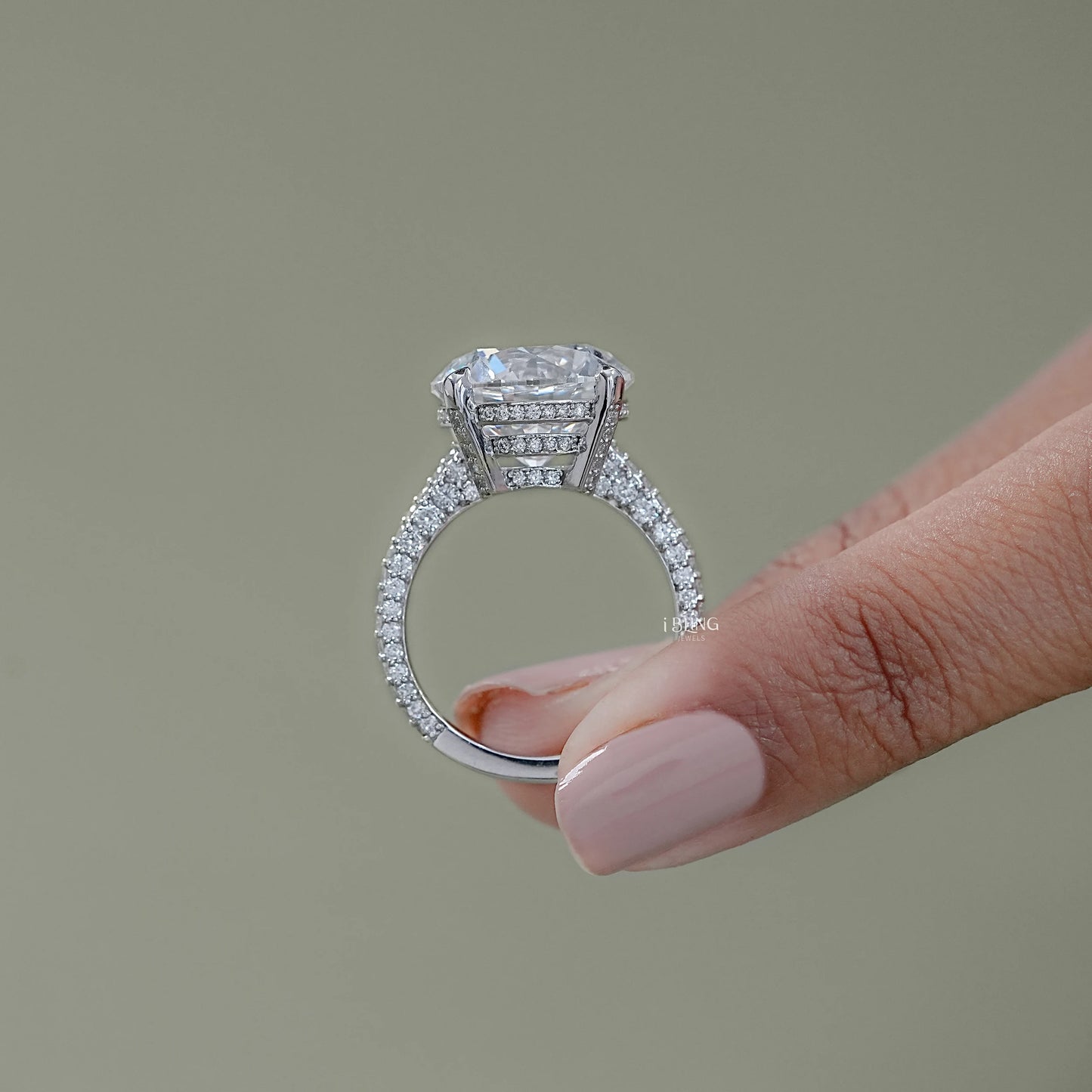 Round Cut Solitaire Diamond Engagement Ring With Pave Band Halo Ring