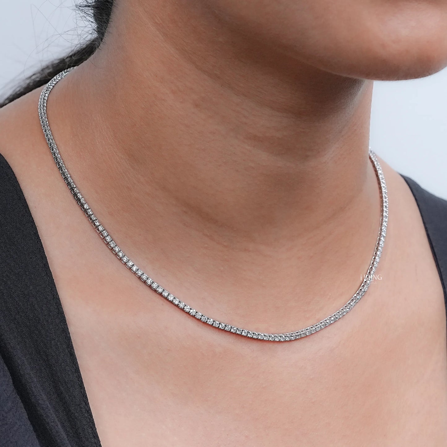 Woman neck adorned with Lab Grown Diamond Tennis Necklace with Round stones, perfect gift or bridal wear