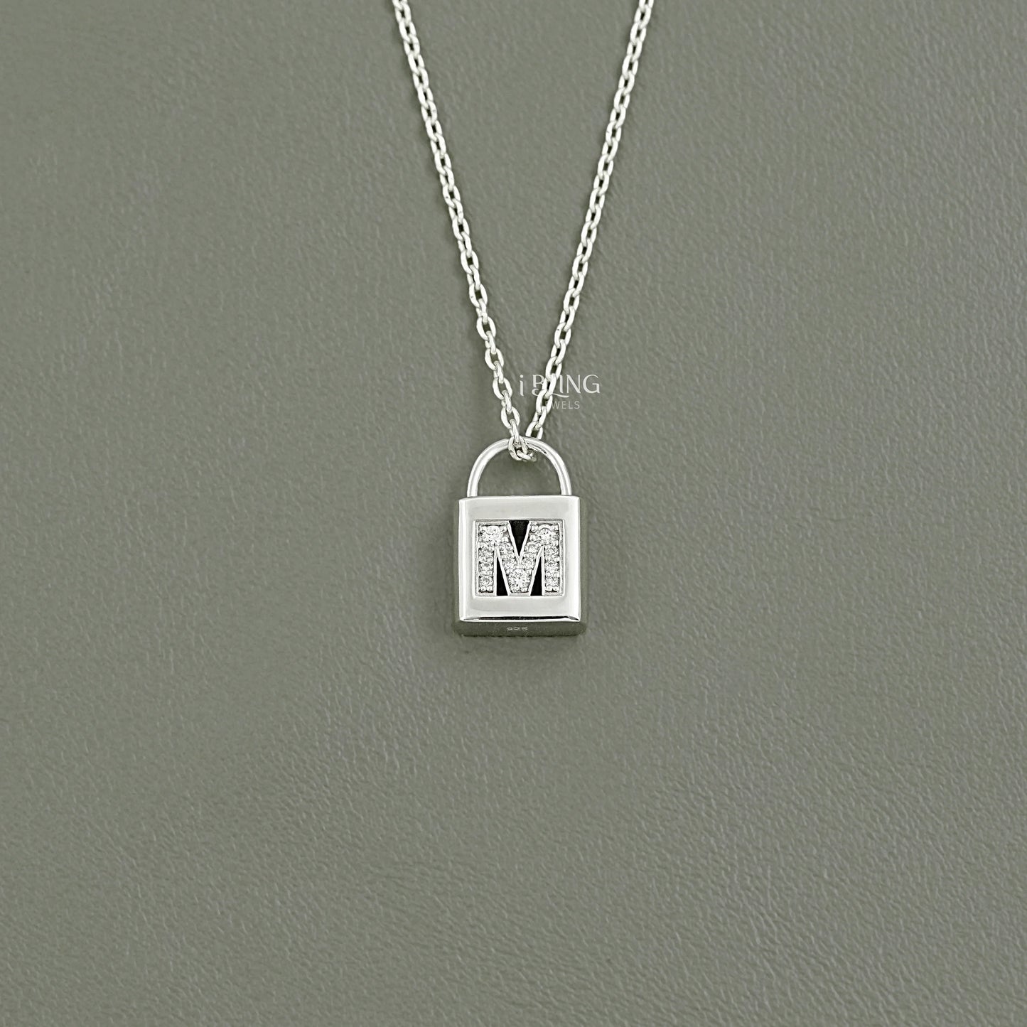 Round Cut Lab Diamond Padlock M Letter Necklace