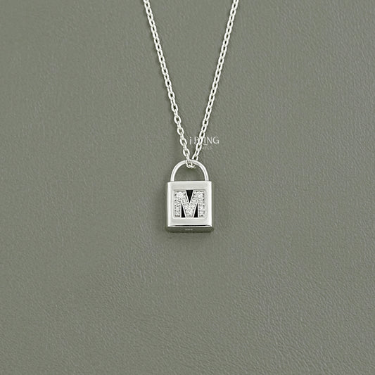 Round Cut Lab Diamond Padlock M Letter Necklace Pendants