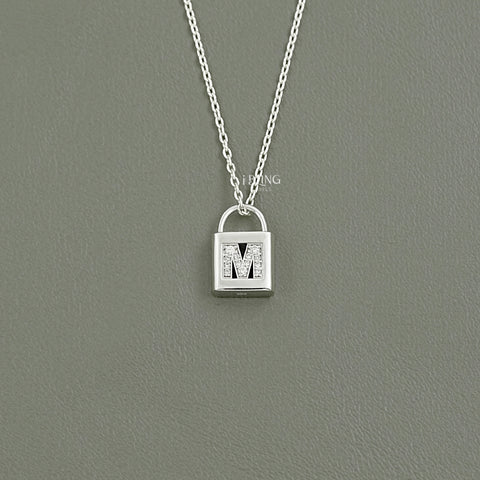 Round Cut Lab Diamond Padlock M Letter Necklace