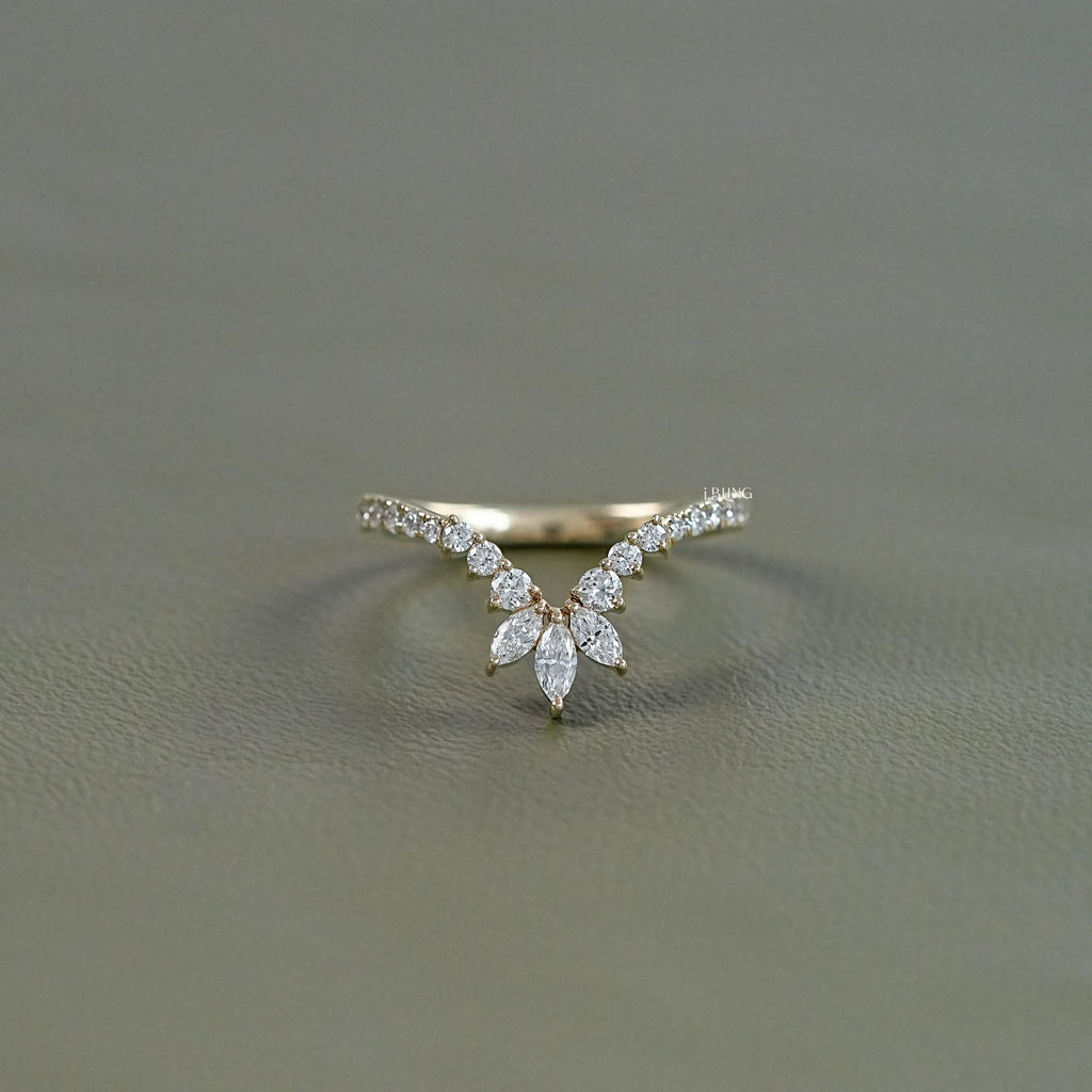 Marquise And Round Diamond Curved Wedding Band