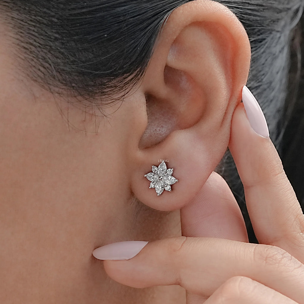 Marquise and Round Diamond Floral Stud Earrings