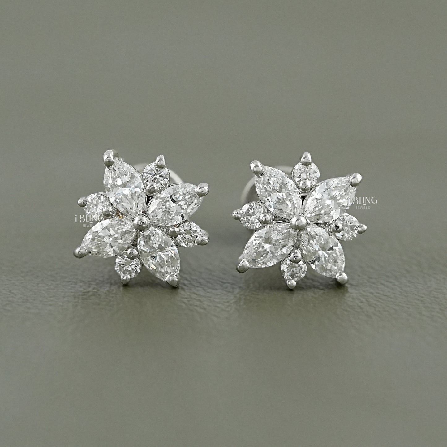 Marquise and Round Diamond Floral Stud Earrings