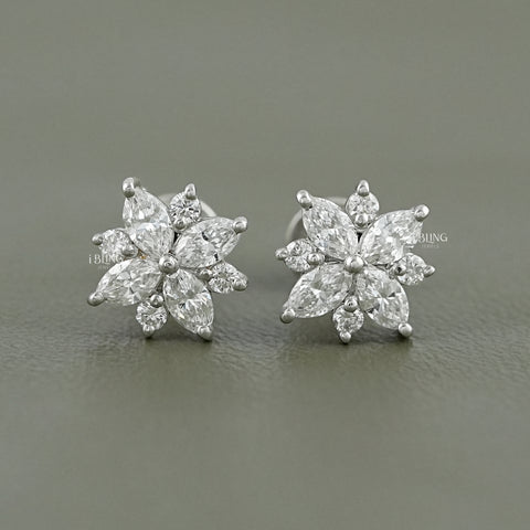 Marquise and Round Diamond Floral Stud Earrings