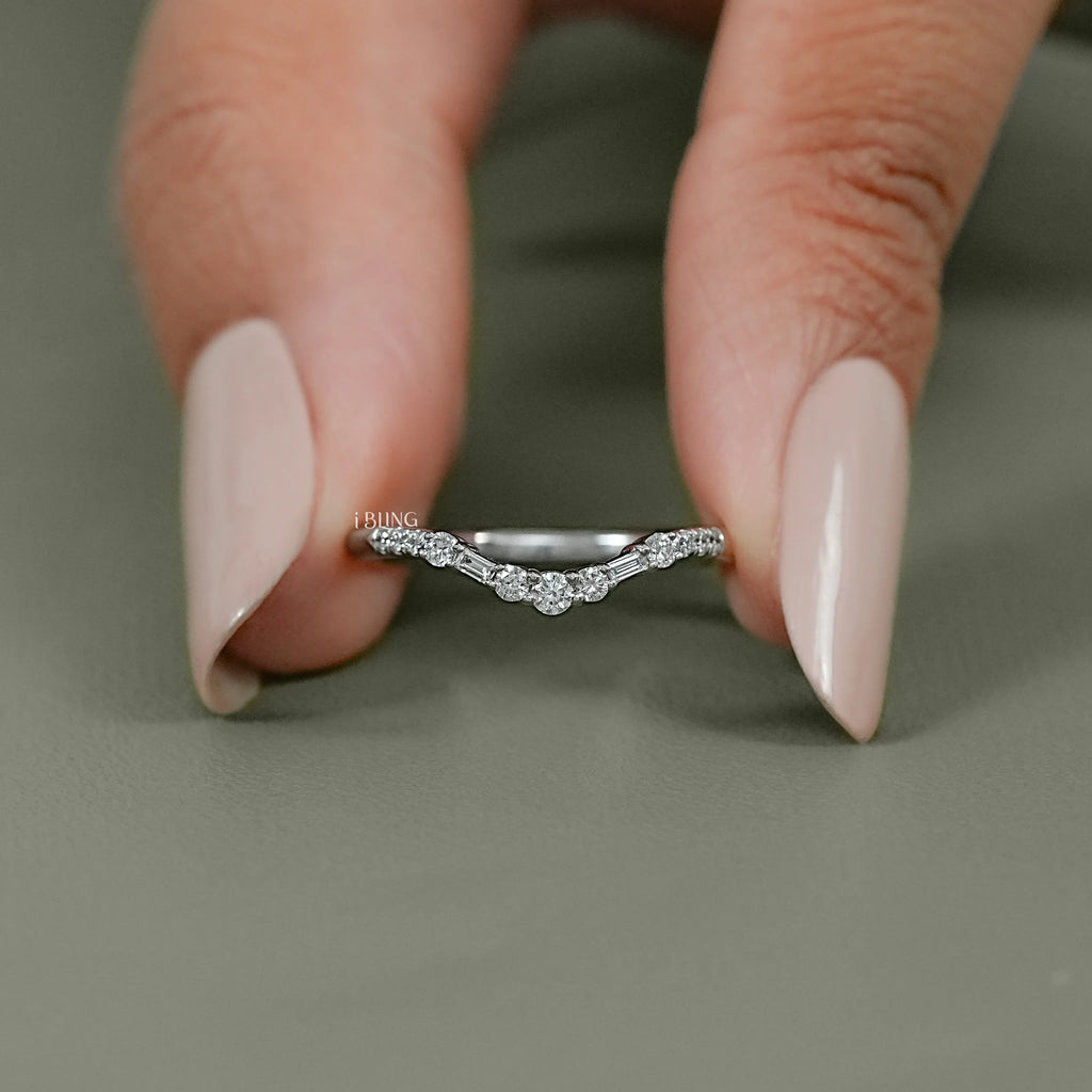 Baguette & Round Lab Diamond Curved Wedding Band