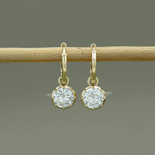 Old European Round Cut Drop Hoop Earrings