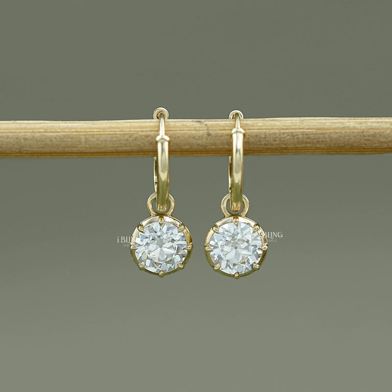 Old European Round Cut Drop Hoop Earrings